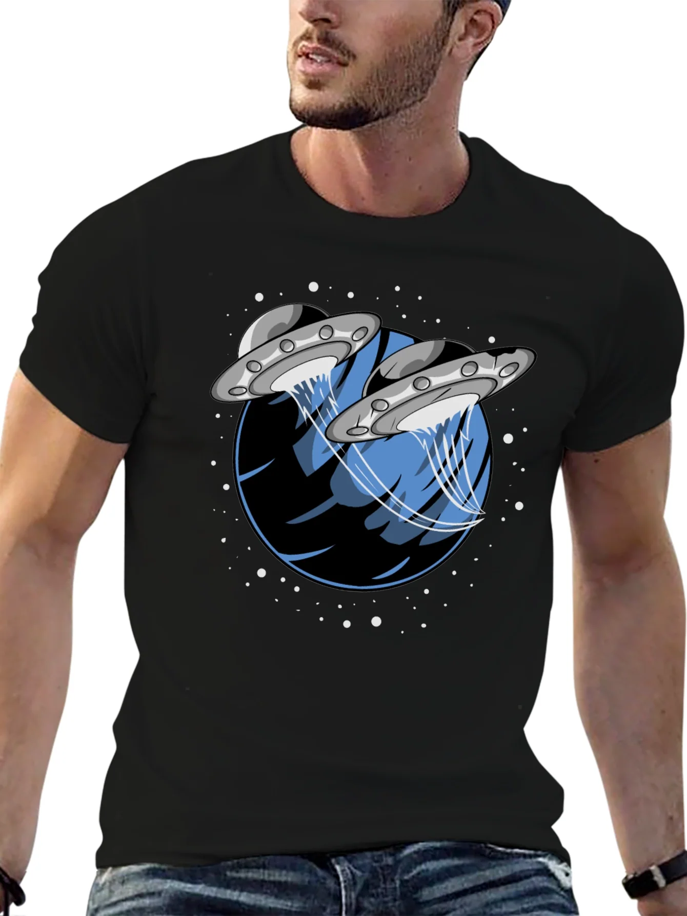 UFO Abduction Graphic Tee - Stylish Black Cotton T-Shirt