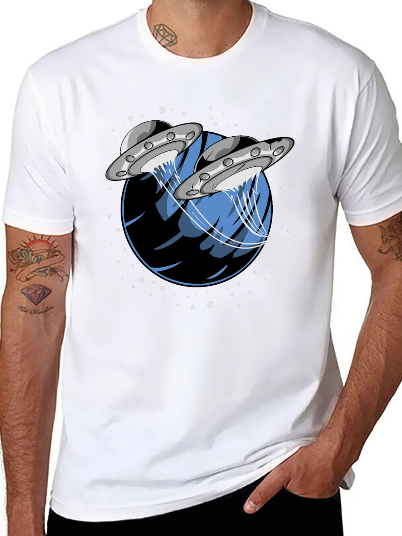 UFO Abduction Graphic Tee - Stylish Black Cotton T-Shirt