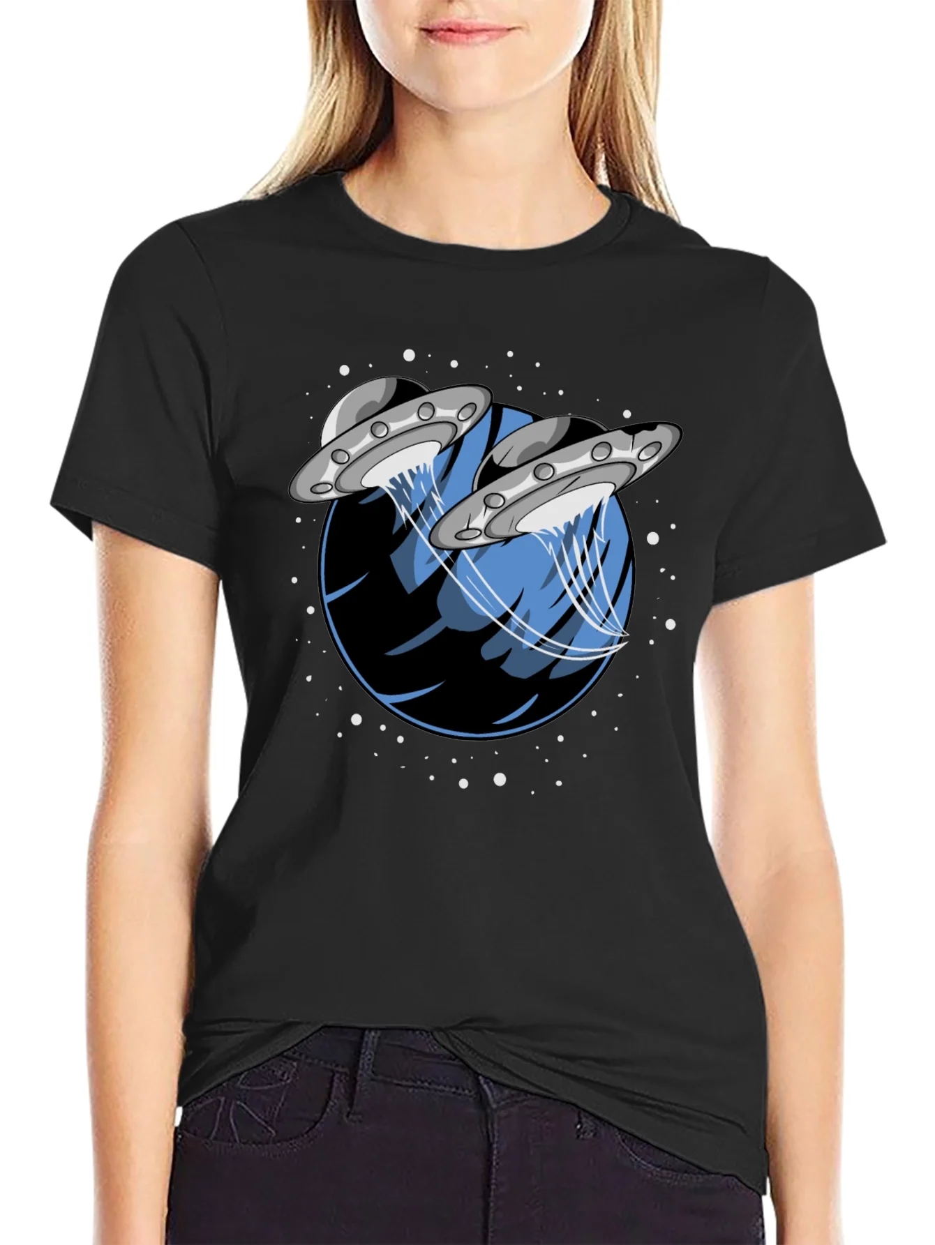 UFO Abduction Graphic Tee - Stylish Black Cotton T-Shirt