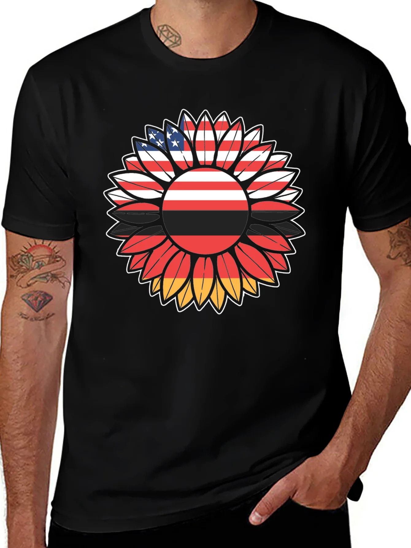 USA Germany Flag Sunflower Graphic T-Shirt