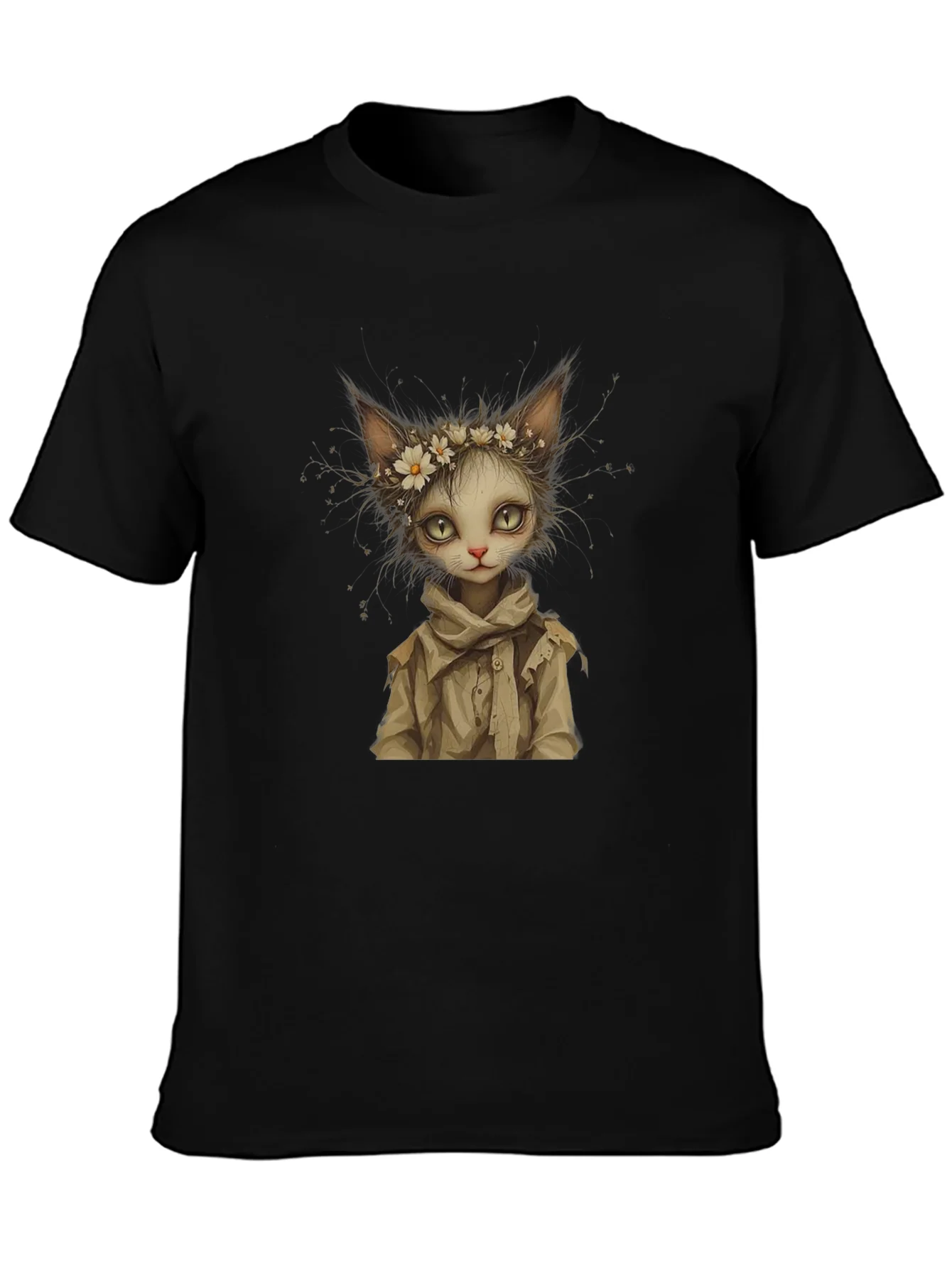 Whimsical Cat Art Black T-Shirt