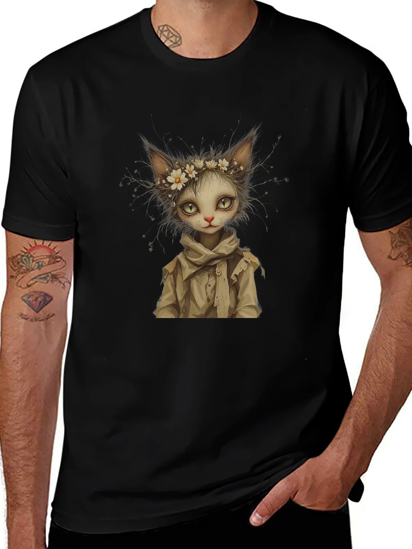 Whimsical Cat Art Black T-Shirt