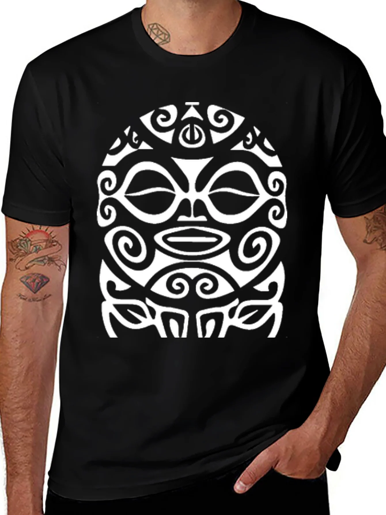 Tribal Mask Graphic Tee - Black Cotton Shirt