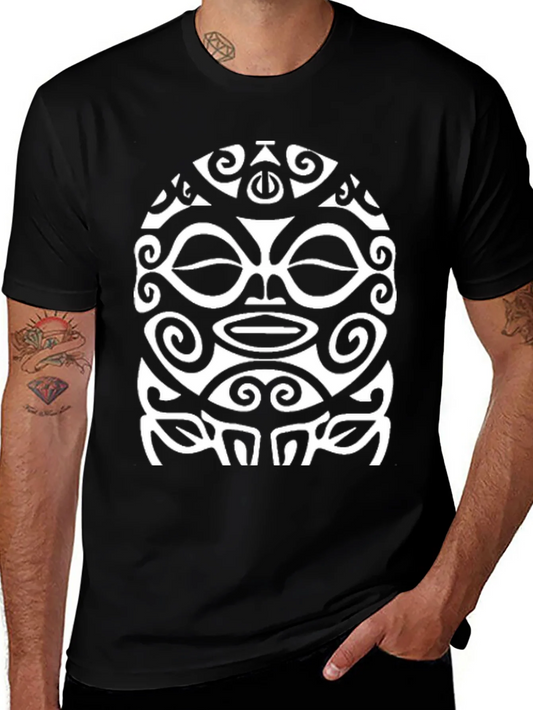 Tribal Mask Graphic Tee - Black Cotton Shirt