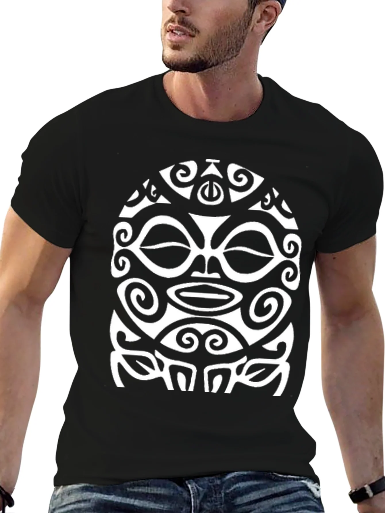Tribal Mask Graphic Tee - Black Cotton Shirt