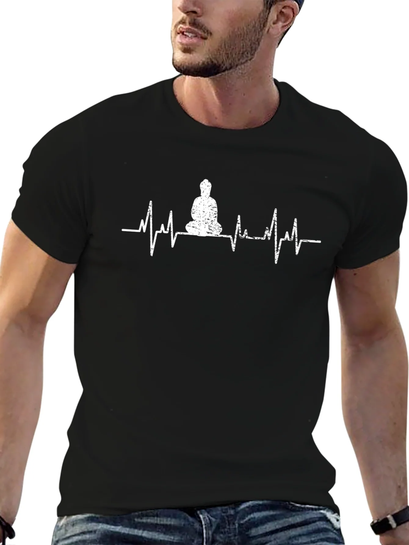 Zen Heartbeat T-Shirt - Meditating Buddha ECG Line Tee