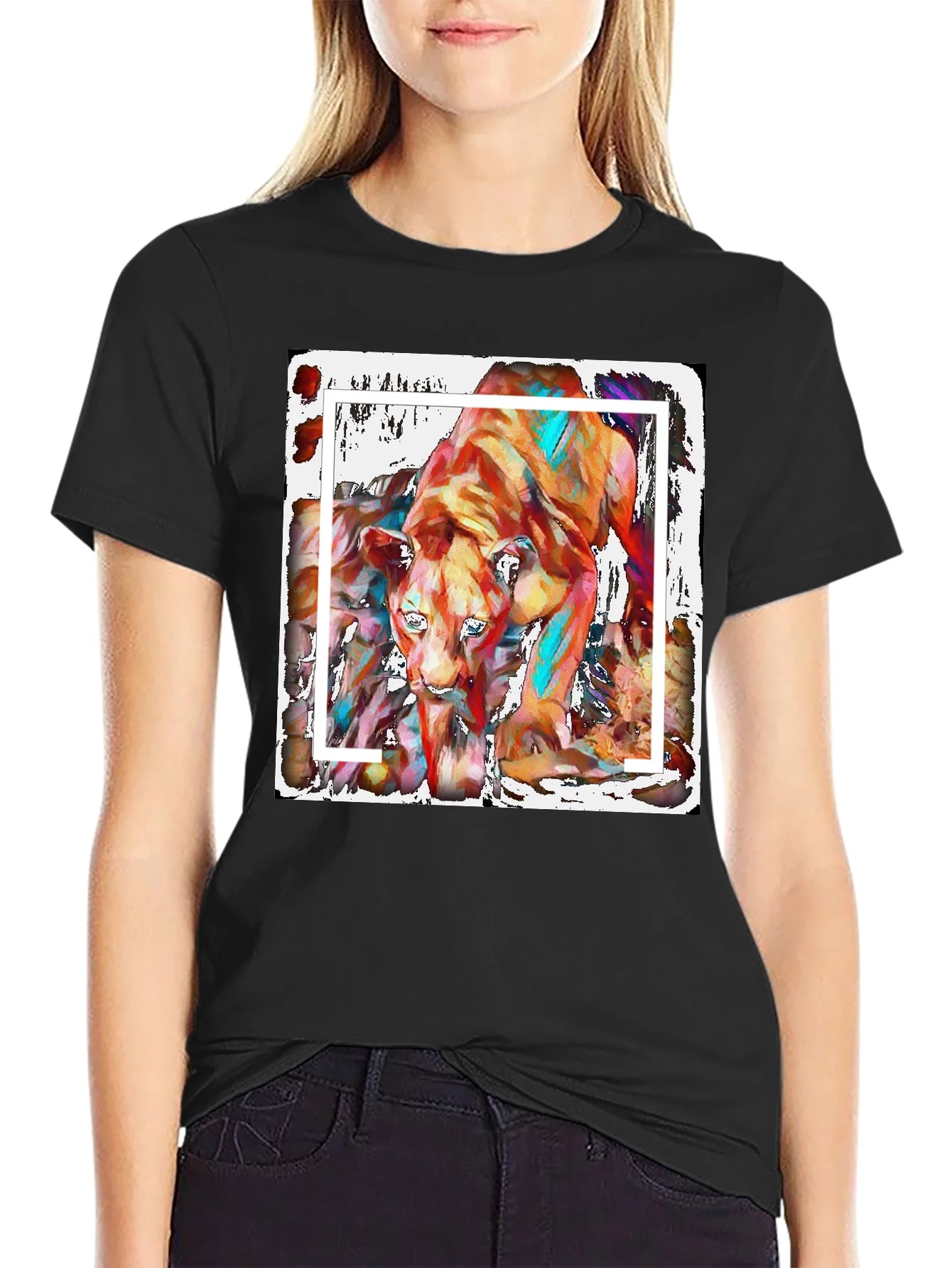 Abstract Lion Graphic Print Black T-Shirt
