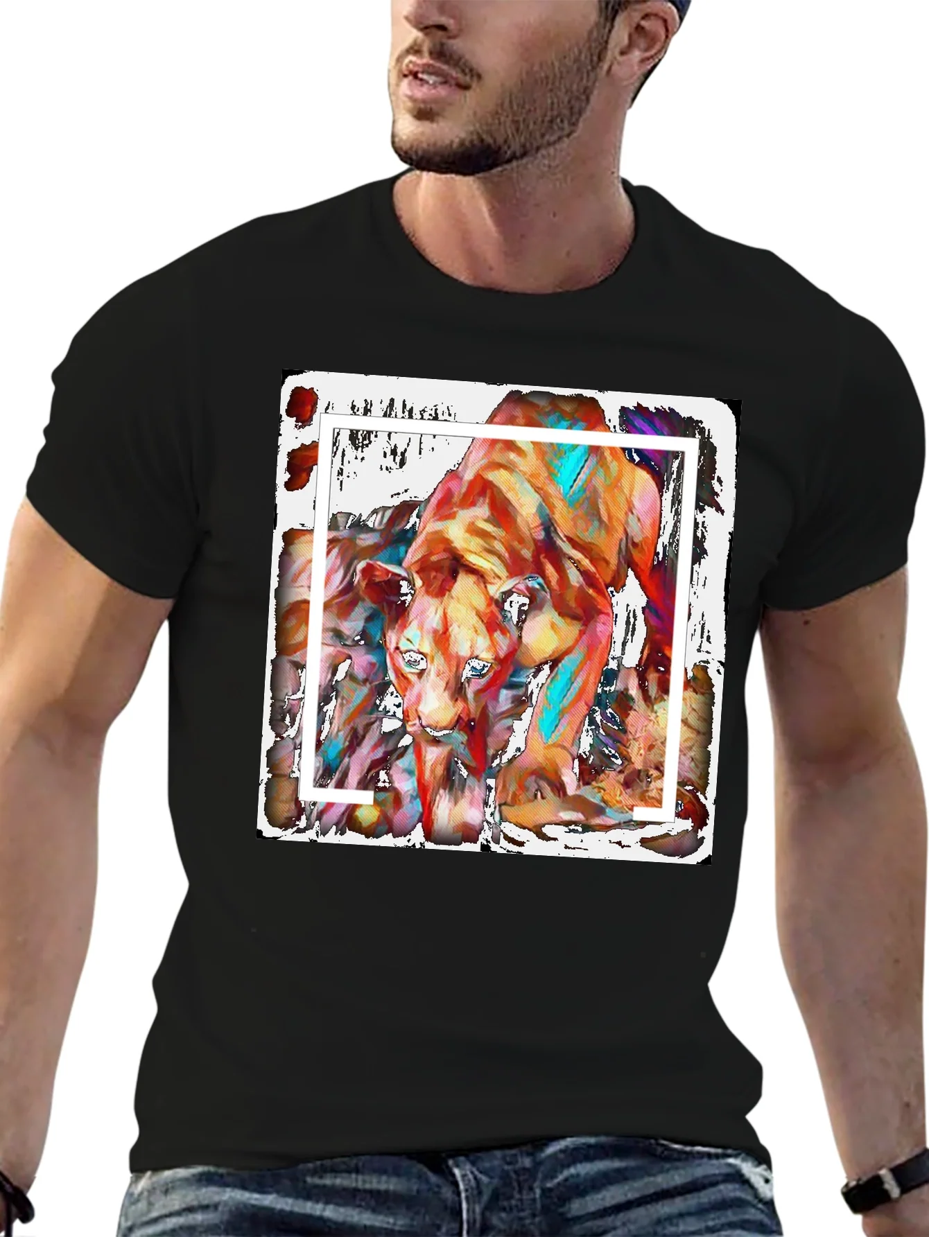 Abstract Lion Graphic Print Black T-Shirt