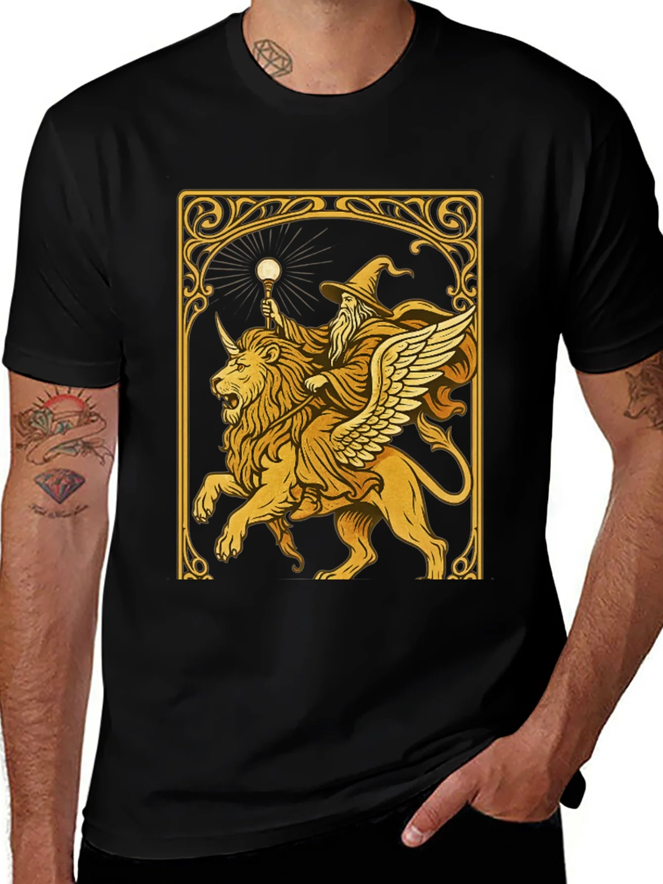 Wizard Riding Lion Graphic Tee - Black