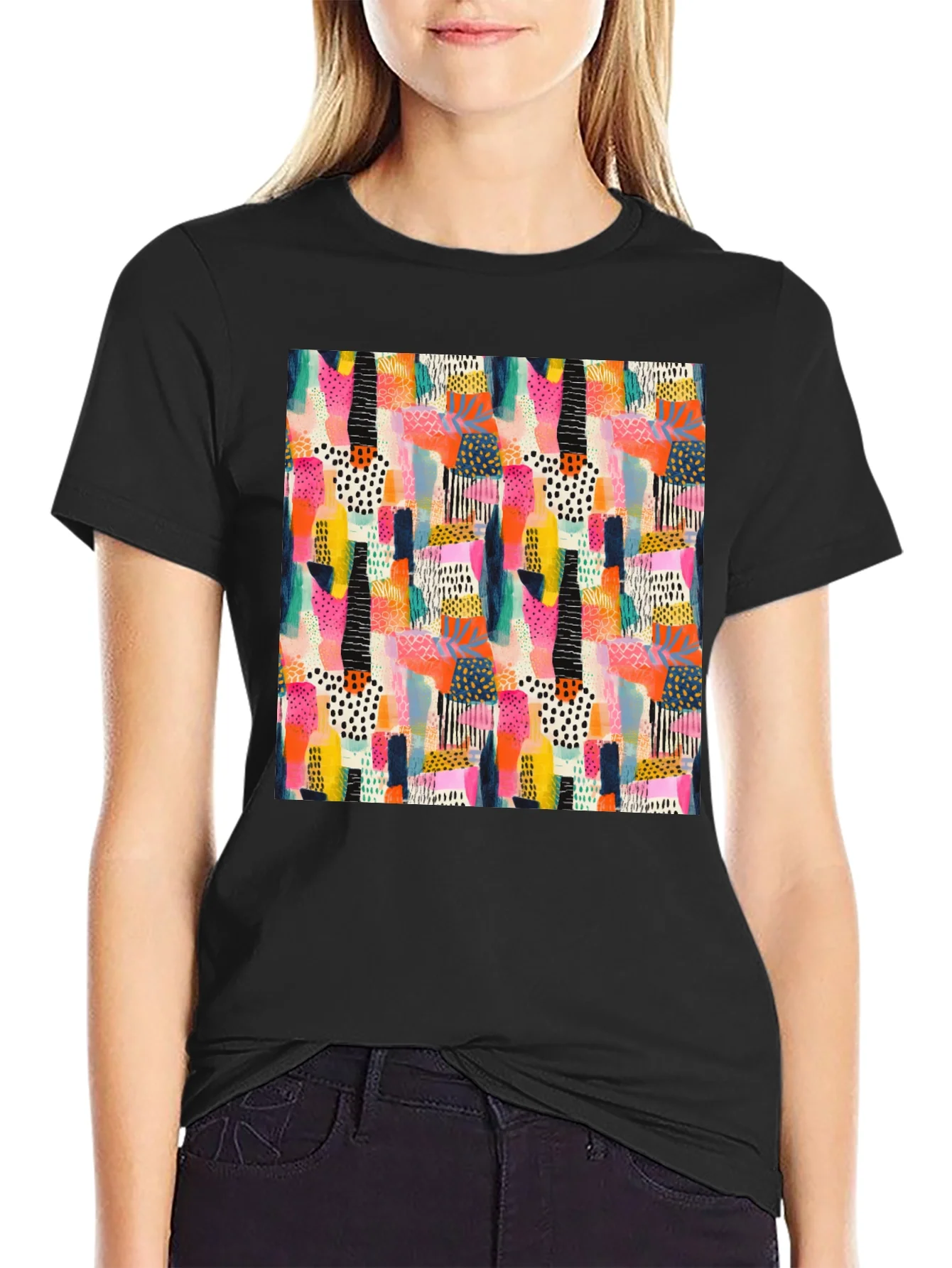 Abstract Pattern Black Crew Neck T-Shirt
