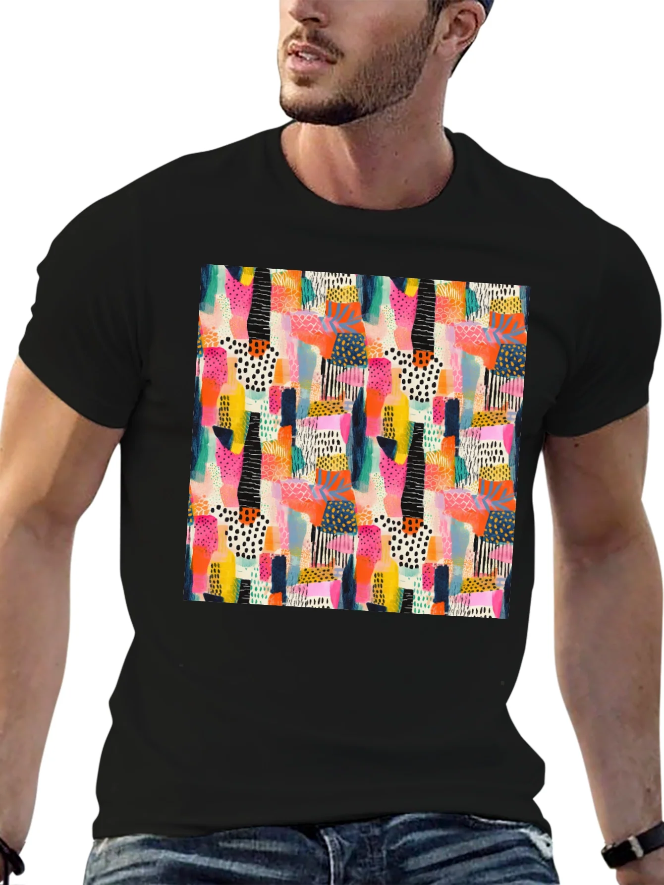 Abstract Pattern Black Crew Neck T-Shirt