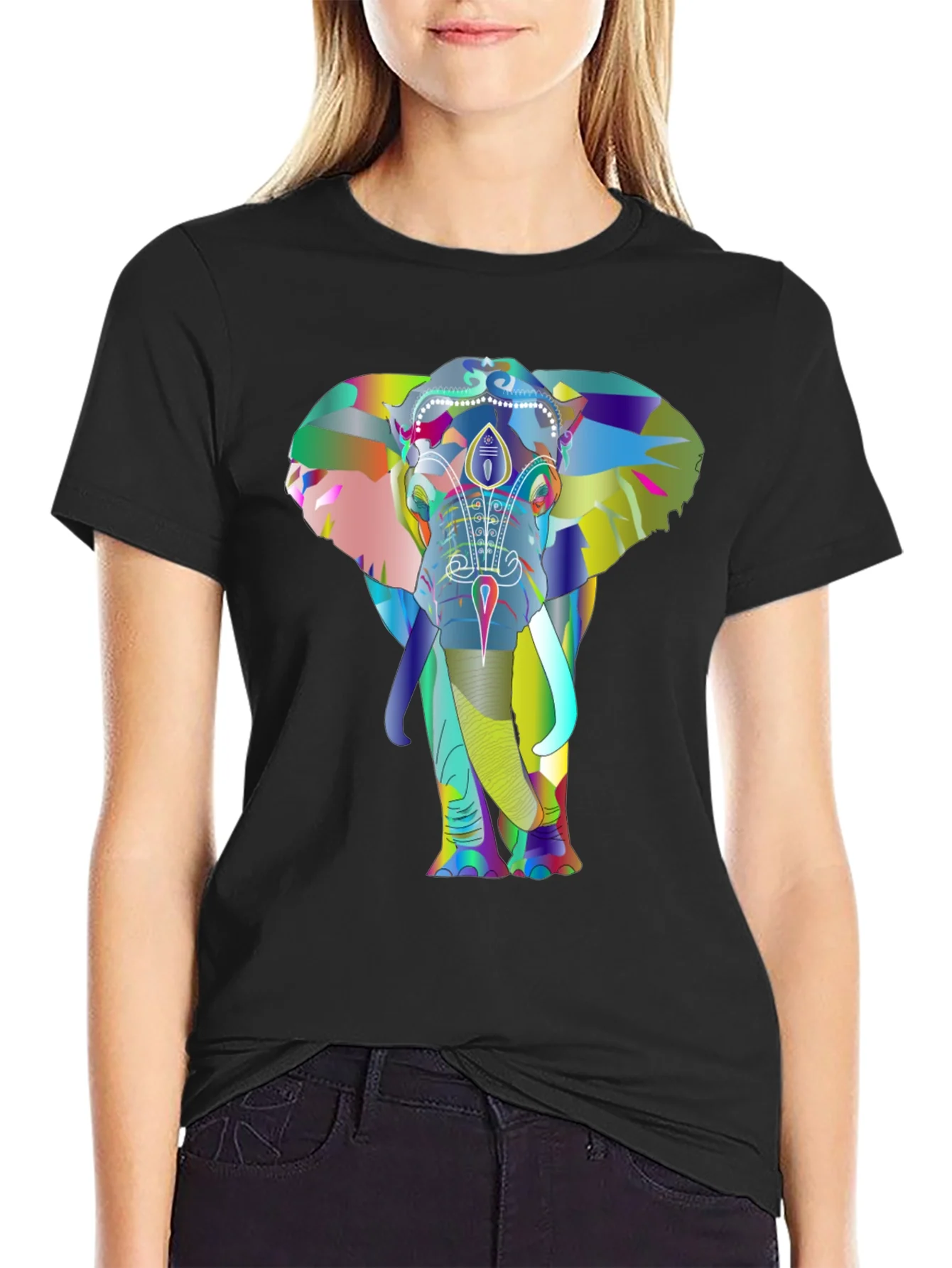 Vibrant Elephant Graphic Tee - Black Cotton T-Shirt