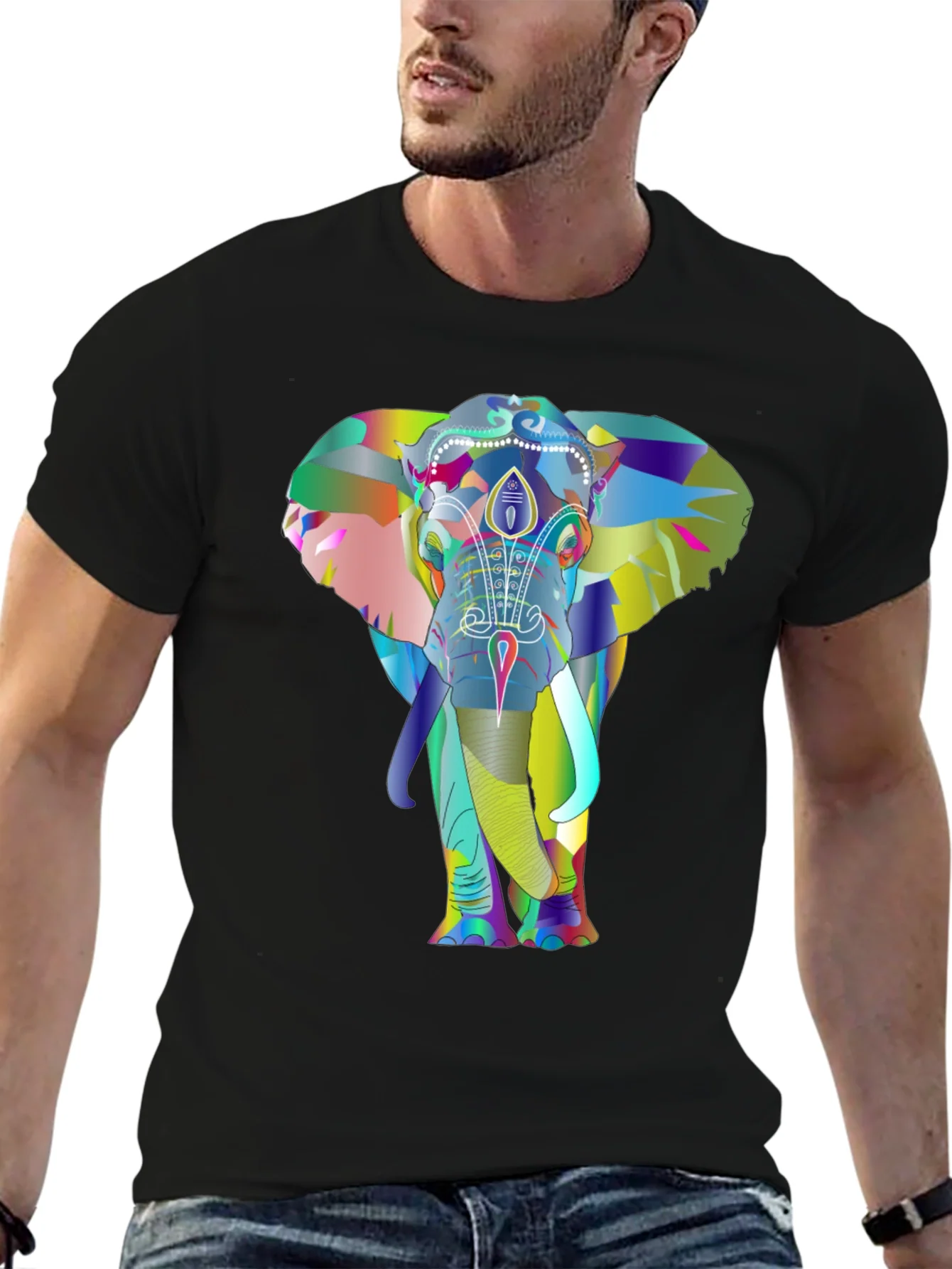 Vibrant Elephant Graphic Tee - Black Cotton T-Shirt