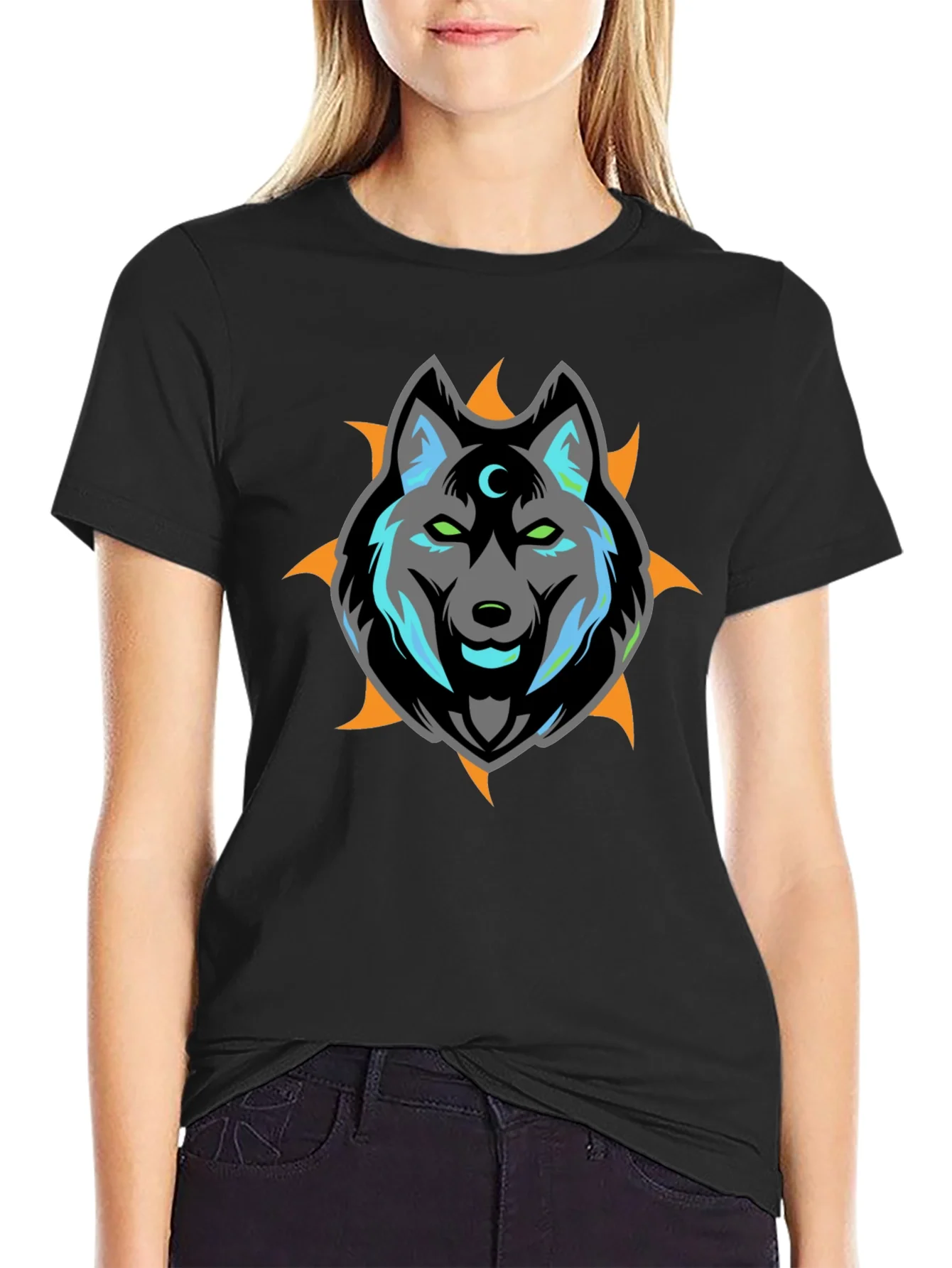 Wolf Moon Graphic Print Black T-Shirt