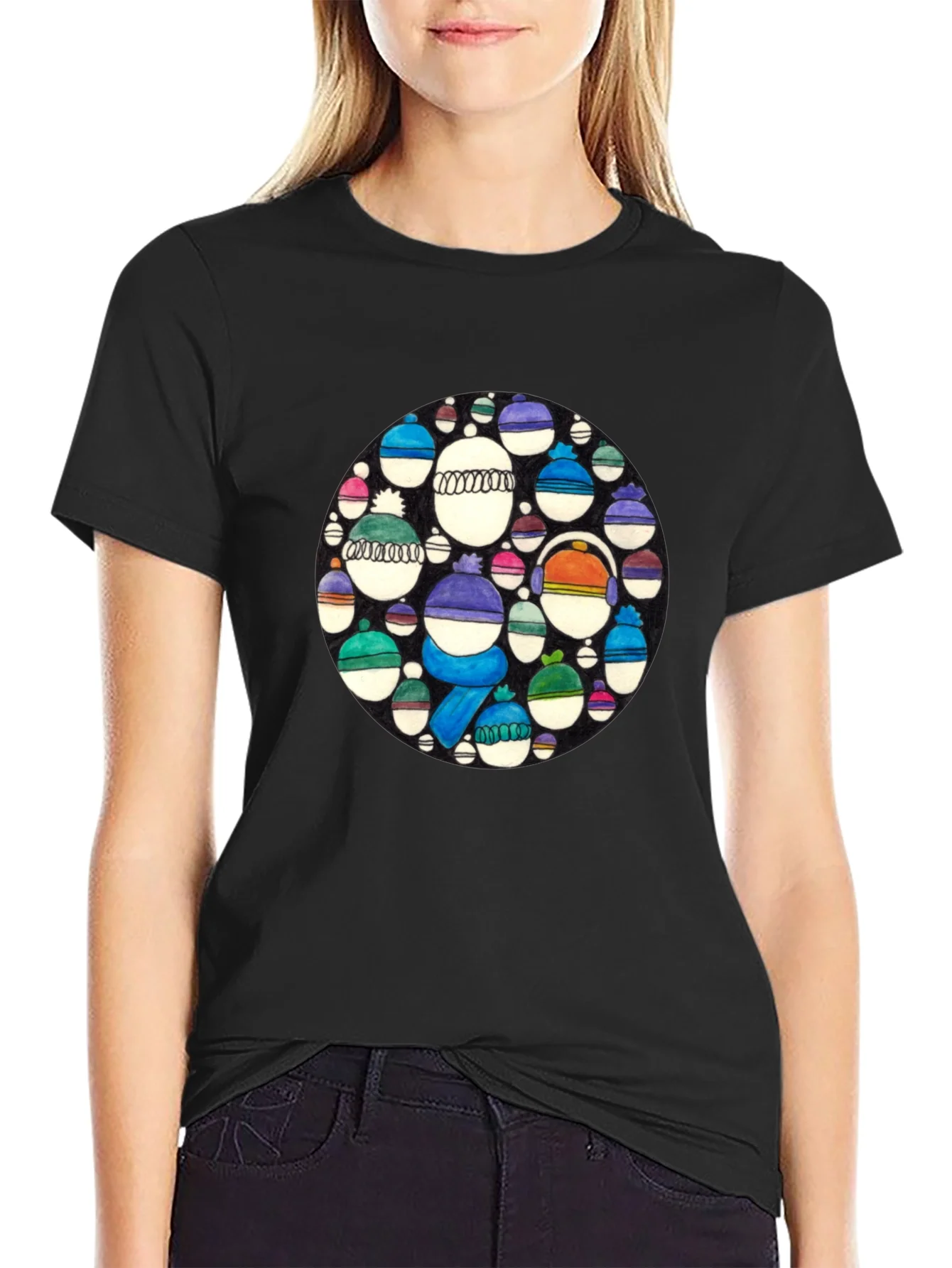 Whimsical Winter Hats Graphic Tee - Black