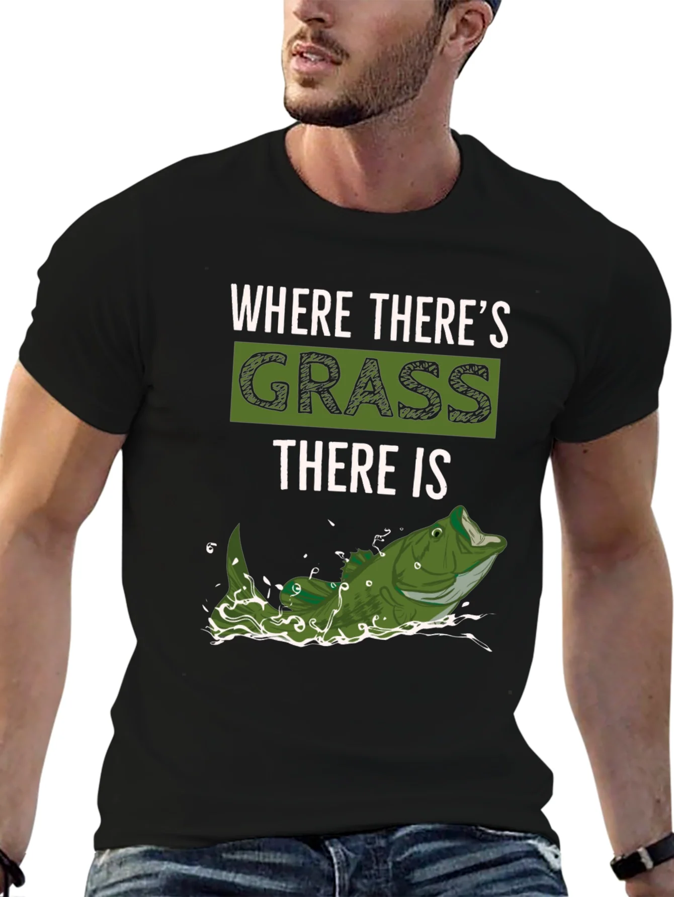 Where Theres Grass There is Fish - Novelty T-Shirt