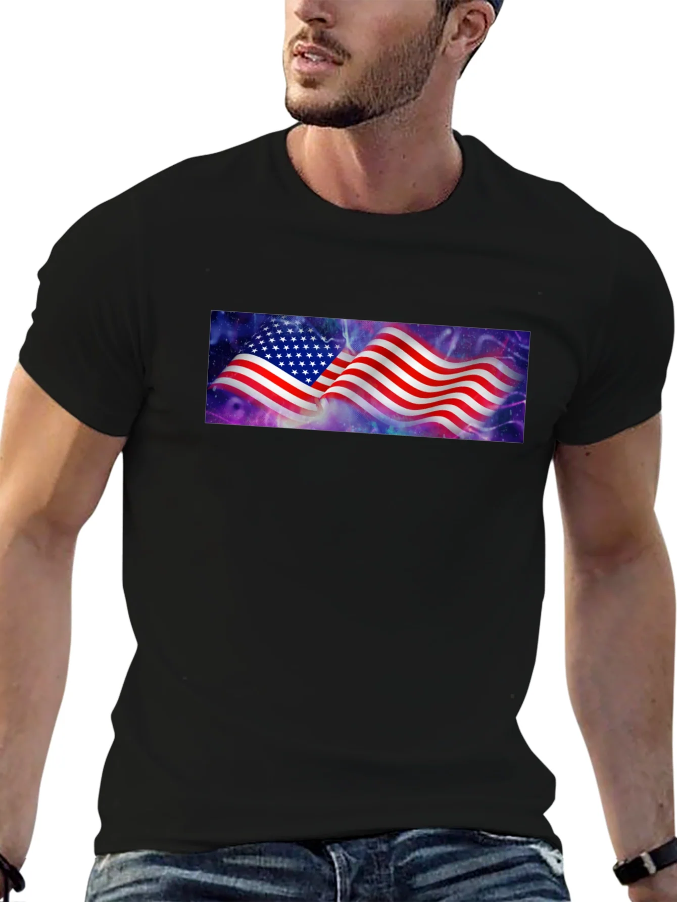 American Flag Galaxy Graphic Tee - Black